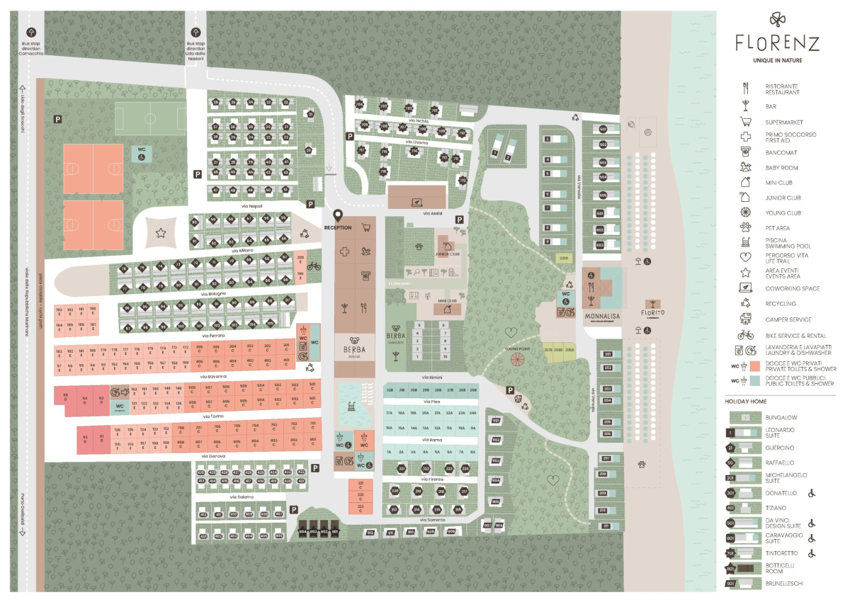 Mappa di un villaggio vacanze immerso nella natura, con servizi e spazi ricreativi.