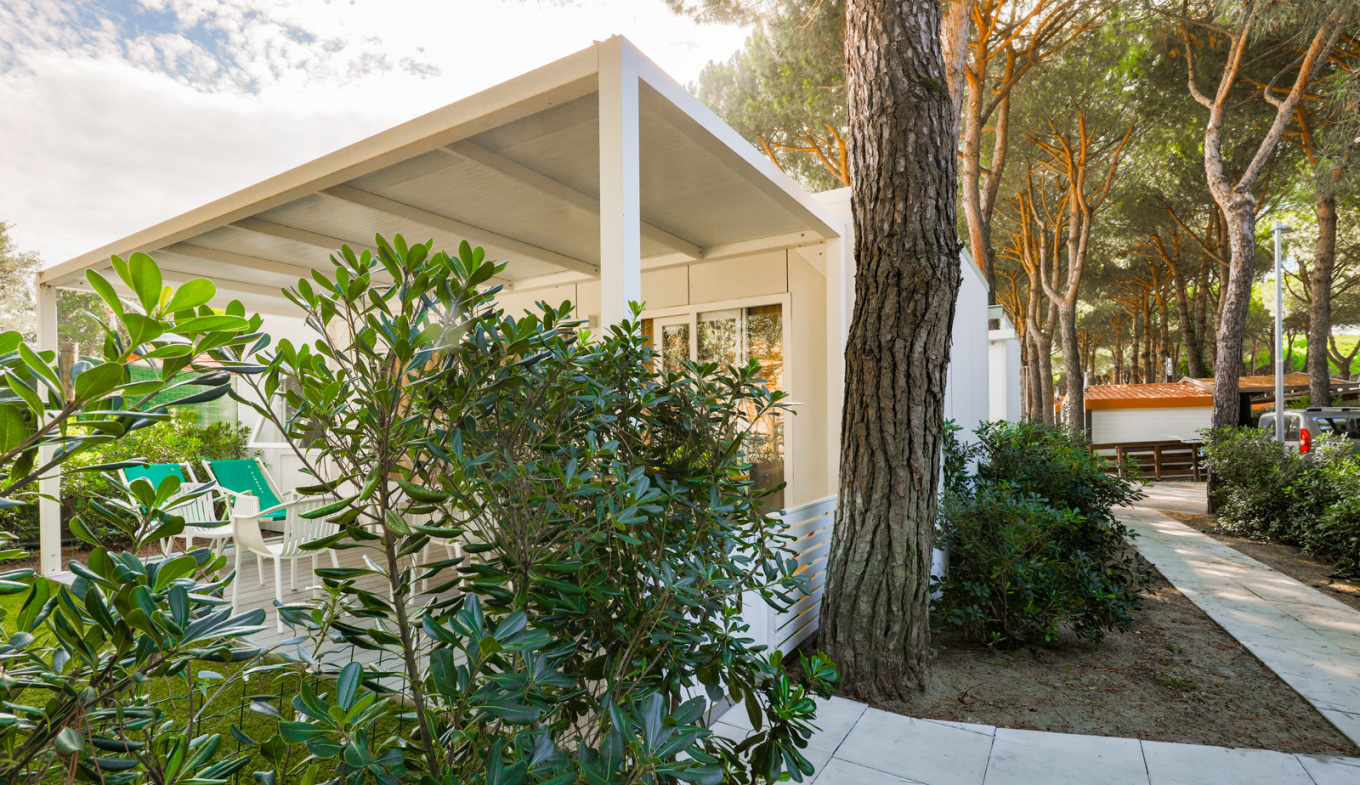 Bungalow im Grünen, zwischen Kiefern und Sonne, friedliche und entspannte Atmosphäre.