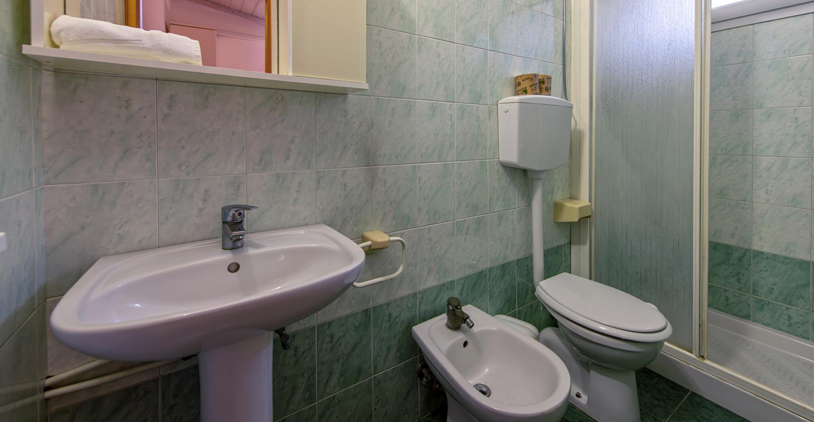 Bagno accogliente con piastrelle verdi, doccia, bidet e lavabo, atmosfera intima e rilassante.