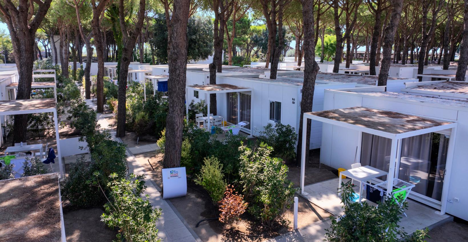 Bungalow moderni immersi in una pineta, atmosfera tranquilla e rilassante, natura e comfort.