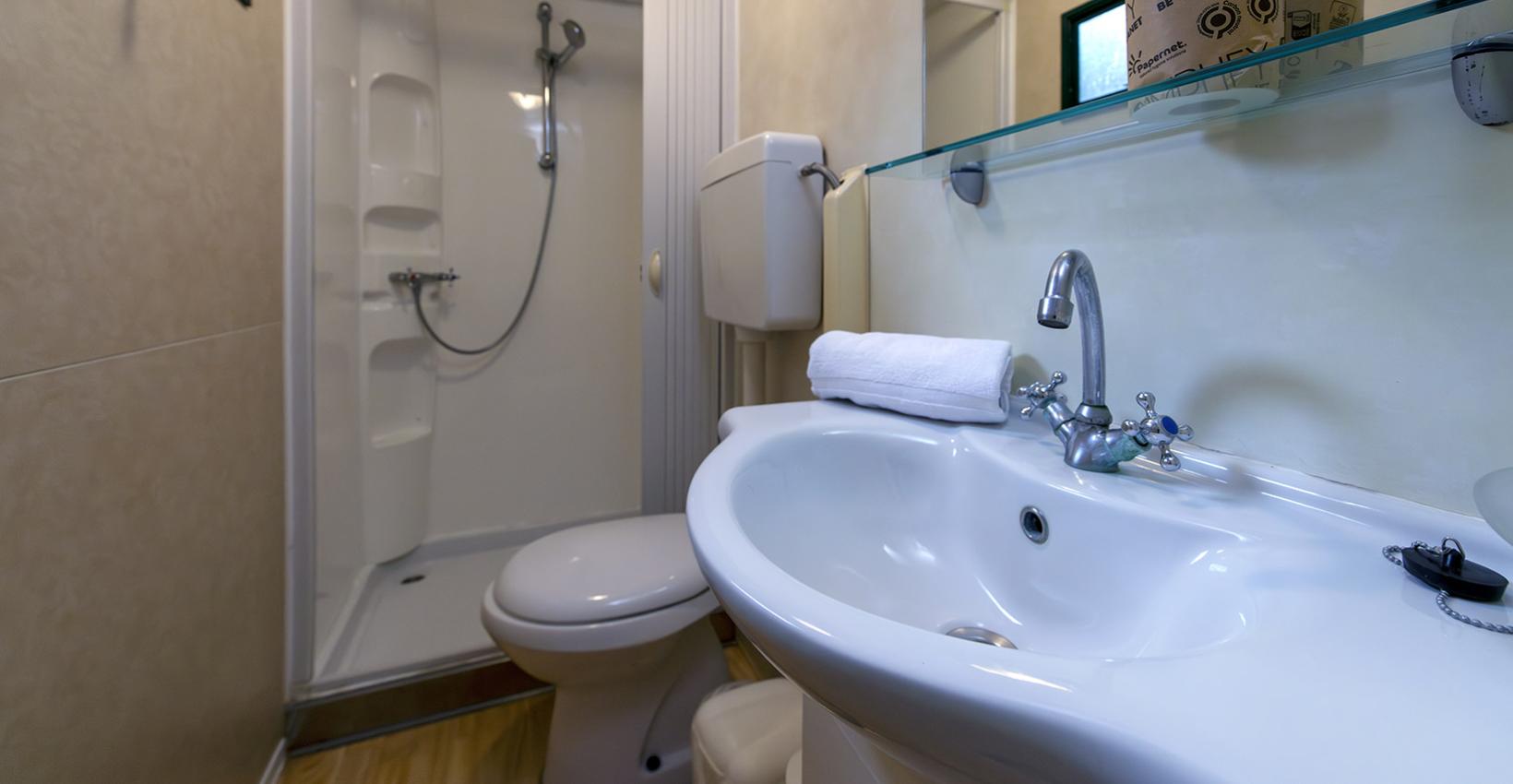 Bagno compatto con doccia, lavabo elegante e atmosfera pulita e luminosa.