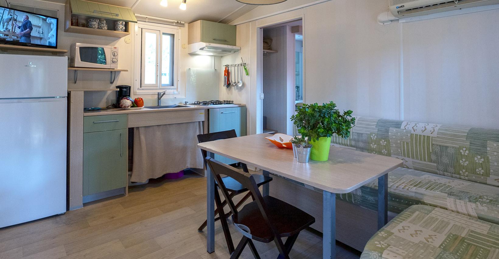Cucina accogliente e luminosa, con piante, tavolo e divano verde, atmosfera casalinga.