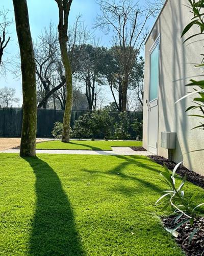 Giardino soleggiato con erba verde brillante, alberi spogli e ombre lunghe, atmosfera serena.