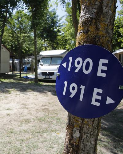Campeggio estivo con roulotte, alberi ombreggianti e insegna blu indicante piazzole.
