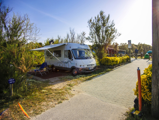 Camper in campeggio soleggiato, sedie all'aperto, atmosfera rilassante tra natura e tranquillità.