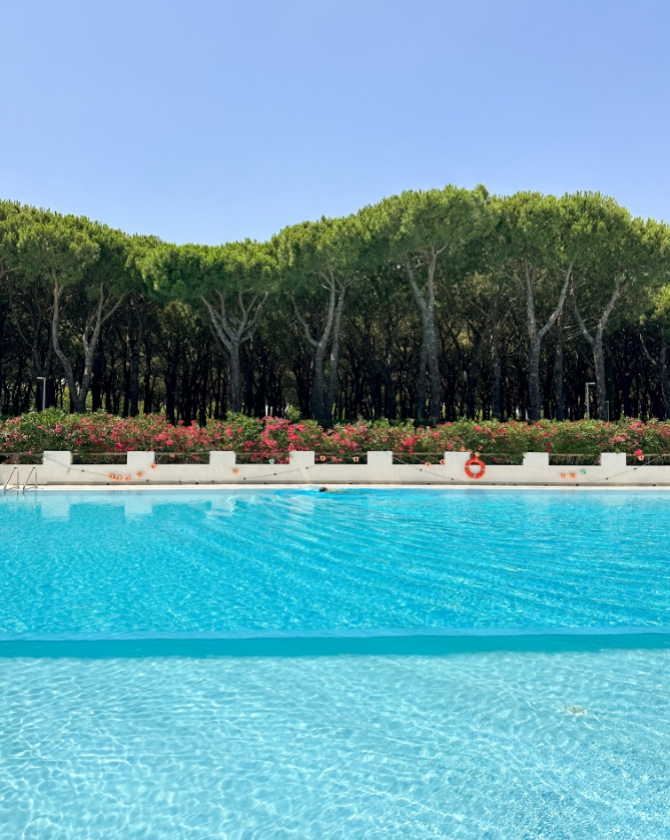 Piscina azzurra, alberi verdi, fiori rossi; un'oasi di tranquillità e freschezza estiva.