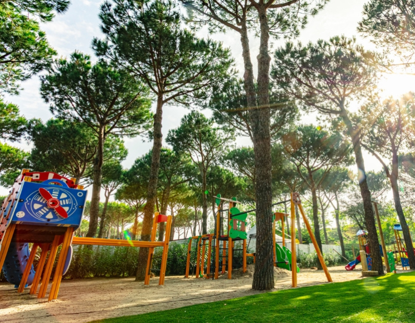 Parco giochi colorato tra pini, luce solare filtrante, atmosfera serena e gioiosa.